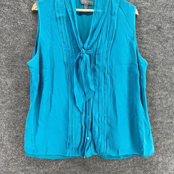 Kate Hill Blouse Women 18W Plus Blue V-Neck Tie Up Sleeveless Silk Wide Strap - Picture 4 of 8